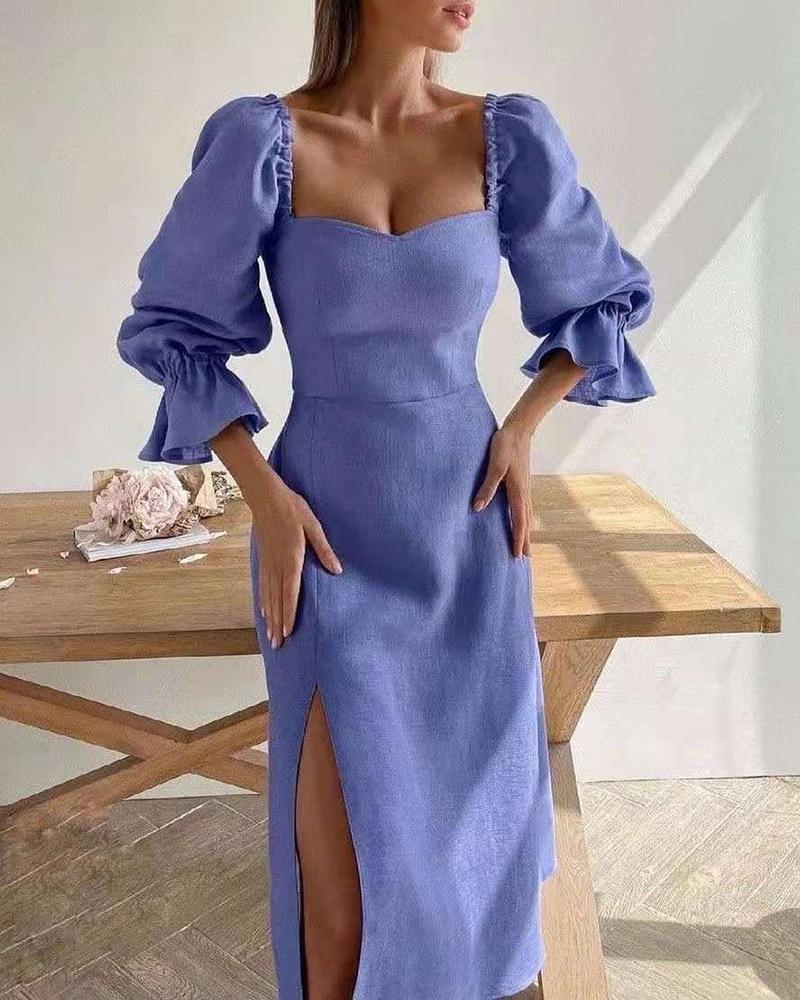 

Bell Puff Sleeve High Slit Party Dress, Blue