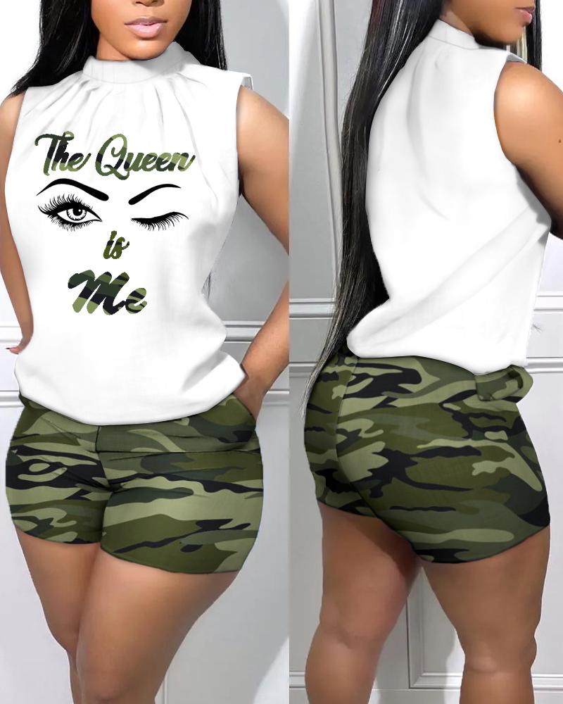 

Camo Figure Print Casual Tank Top & Shorts Set, Camoflage