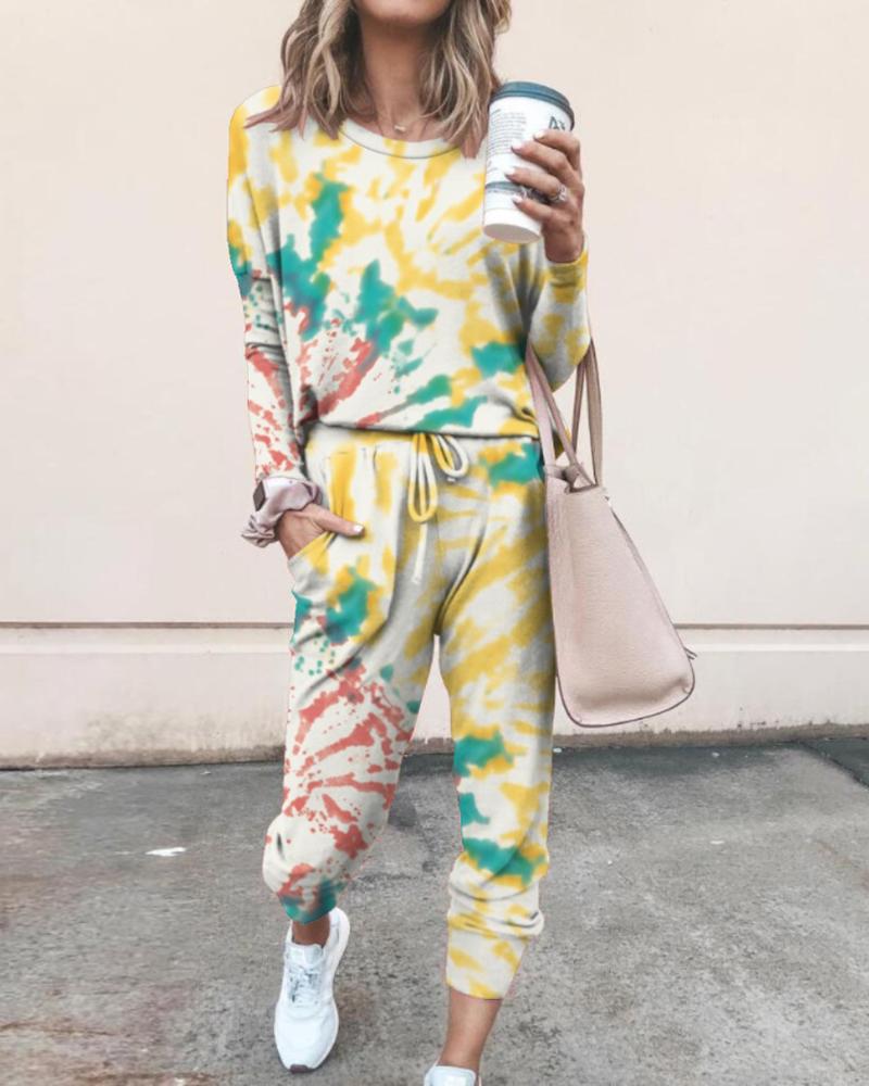 

Tie Dye Daisy Print Women Top & Drawstring Pants Set, Yellow