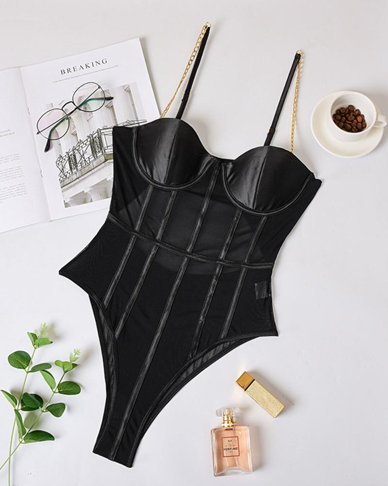 

Solid Chain Backless Bodysuit, Black