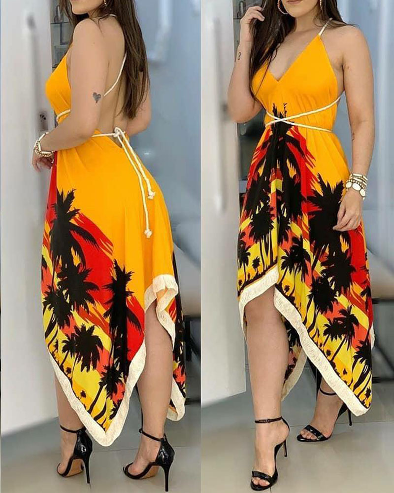 

Tropical Print Criss Cross Backless Asymmetrical Dress, Orange