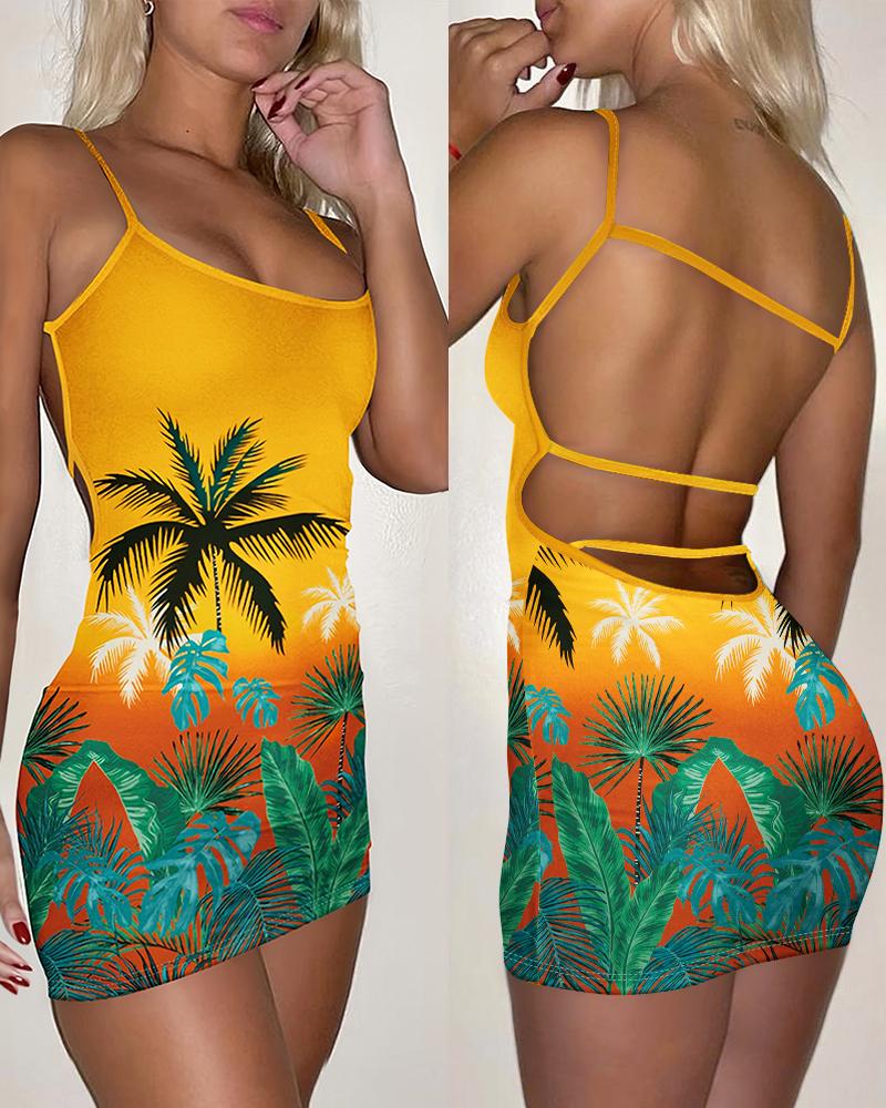 

Tropical Coconut Tree Print Backless Bodycon Dress, Yellow