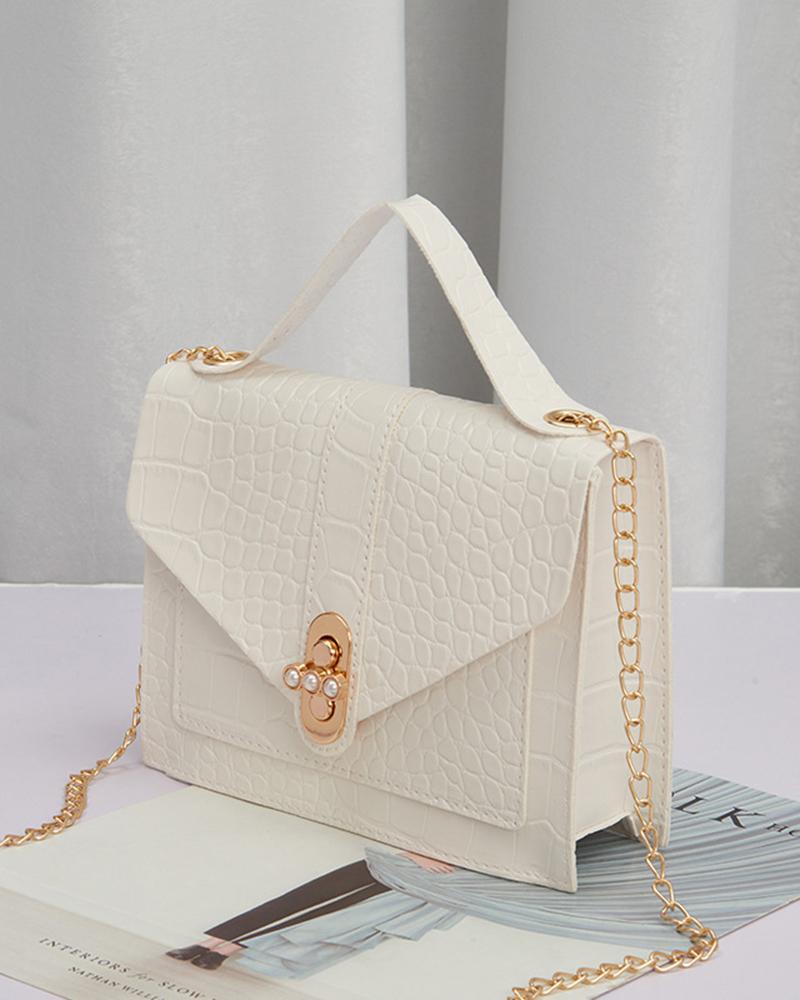

Crocodile Twist Lock Square Satchel Bag, White