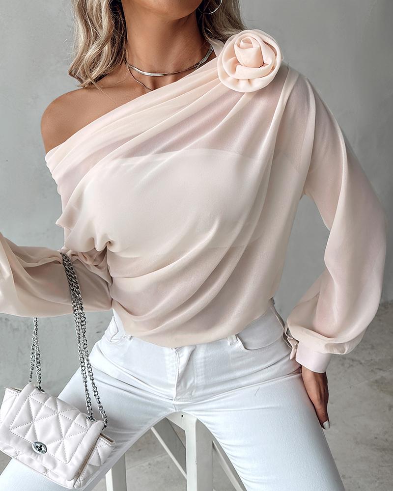 

Rose Detail Ruched Skew Neck Chiffon Top, Apricot