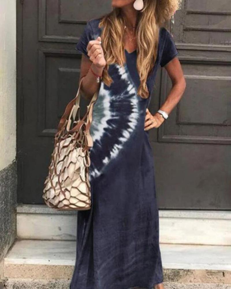 

Tie Dye Print Short Sleeve Casual Dress, Purplish blue