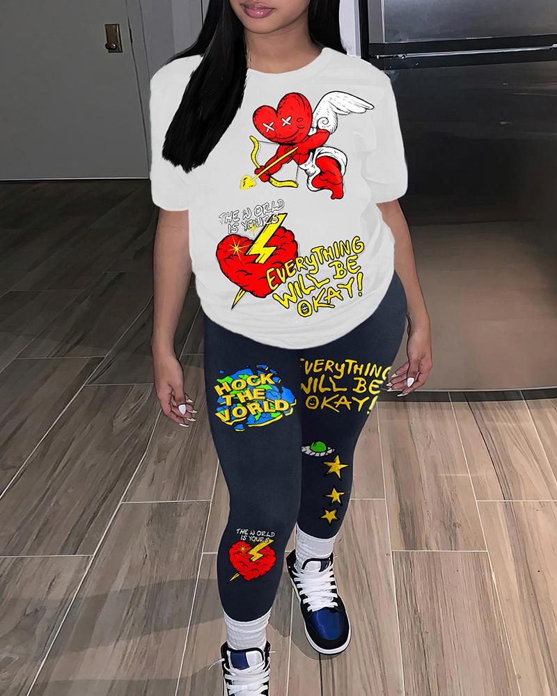 

Heart Star Slogan Print Short Sleeve Top & Pants Set, White