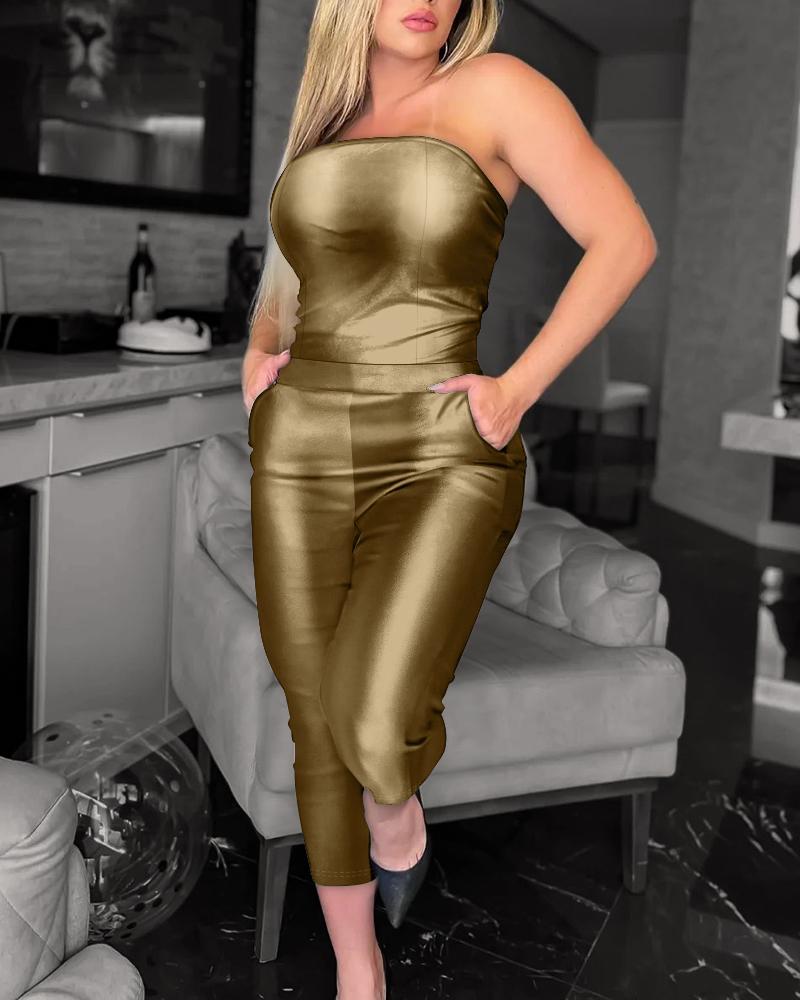 

Metallic Bandeau Pocket Design Jumpsuit, Gold