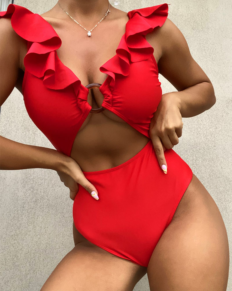 

O-Ring Cutout Ruffle Hem One-Piece Swimsuit, Red