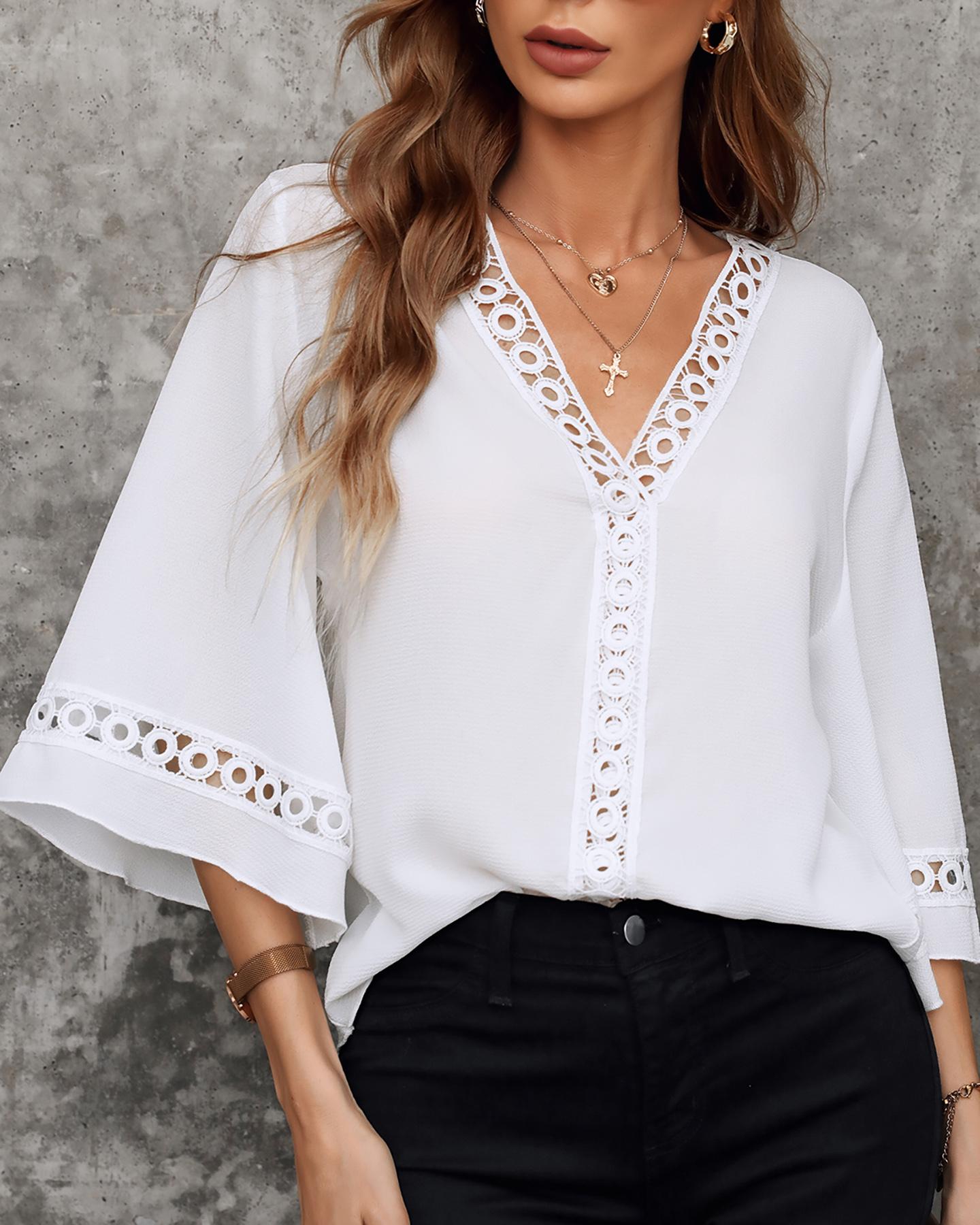 

Hollow-out Bell Sleeve V-Neck Top, White