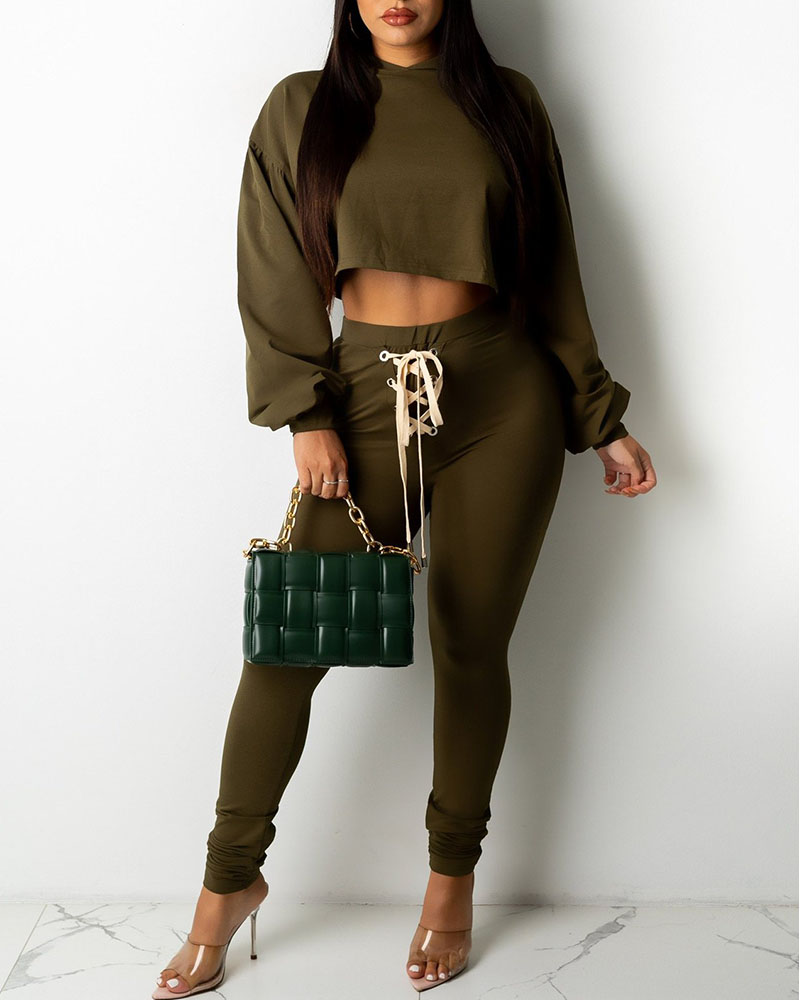 

Hooded Eyelet Lace Up Top & Drawstring Pants Set, Green