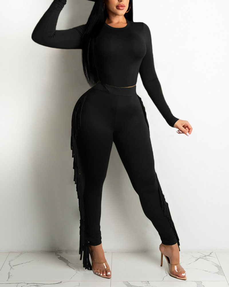 

Long Sleeve Crop Top & Fringe Trim Pants Set, Black