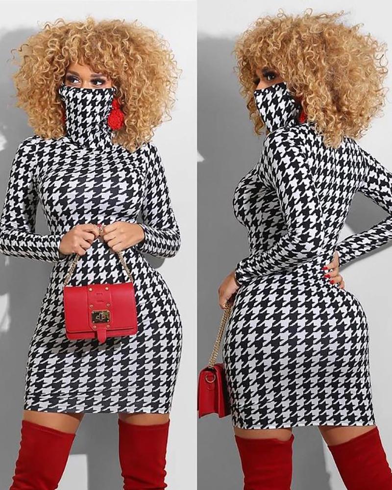 

Houndstooth Print Long Sleeve Bodycon Women Dress With Face Mask, Black