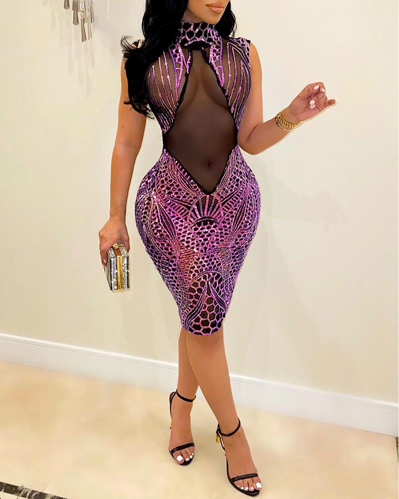 

Sequins Sheer Mesh Sleeveless Bodycon Dress, Purple