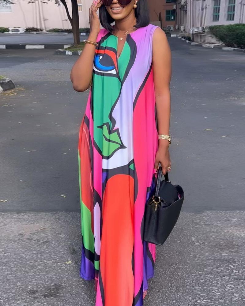 

Plus Size Figure Print Notch Neck Maxi Dress, Multicolor