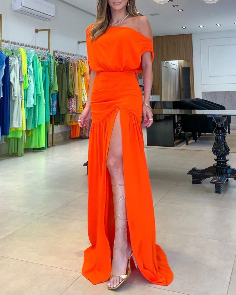 

Cold Shoulder Ruched High Slit Maxi Dress, Orange