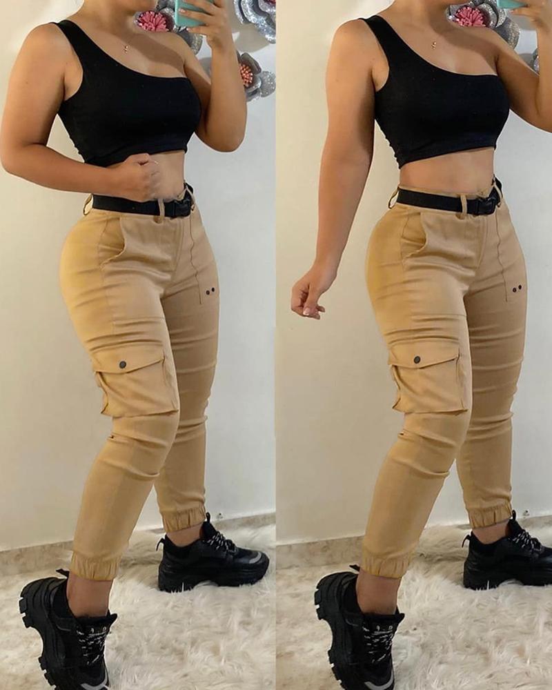 

Solid Pockets Design Cargo Pants, Khaki