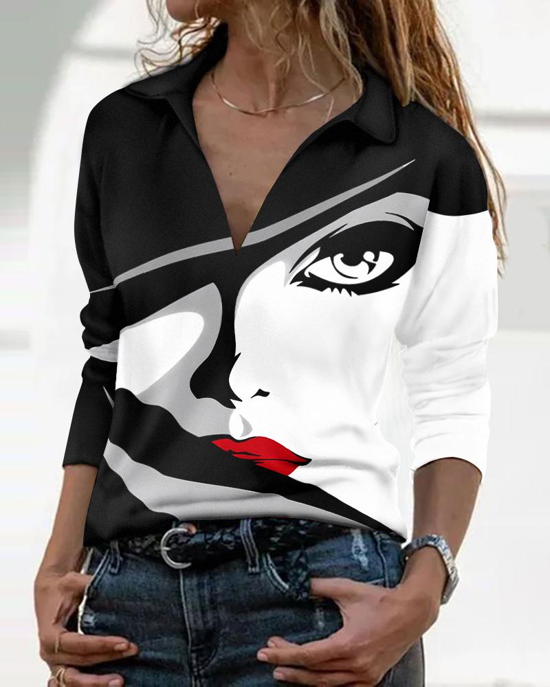 

Abstract Figure Print Long Sleeve Top, Blackwhite