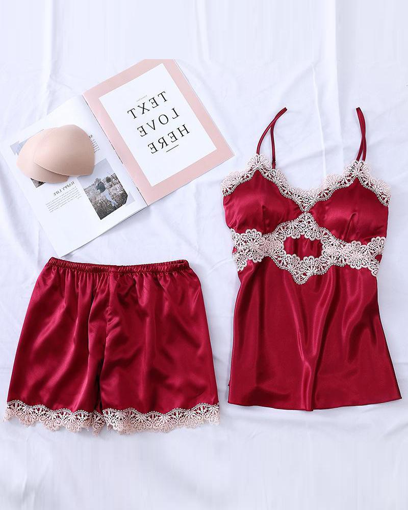 

Solid Lace Trim Cami Set, Red
