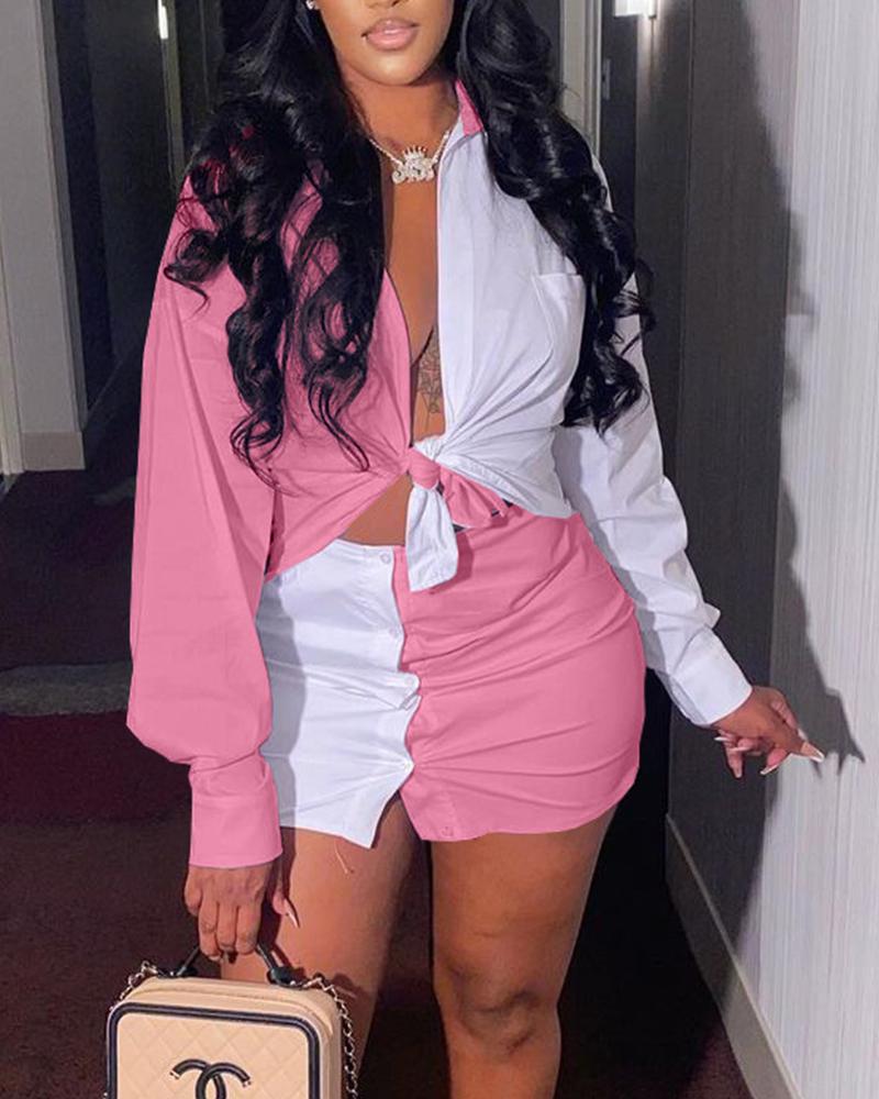 

Colorblock Knot Front Top & Button Up Skirt Set, Pink