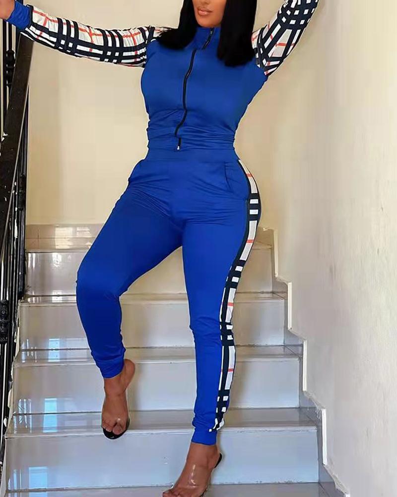 

Contrast Plaid Long Sleeve Zip Up Top & Pants Set, Blue