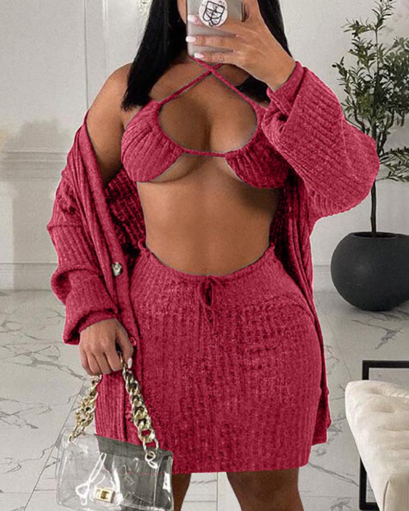 

Halter Crop Top & Drawstring Skirt Set With Cardigan, Red