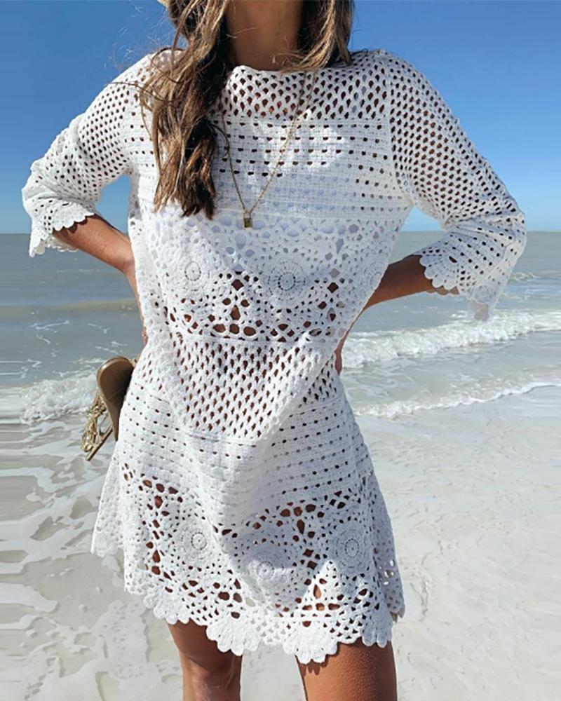 

Crochet O Neck Casual Cover Up Dress, White