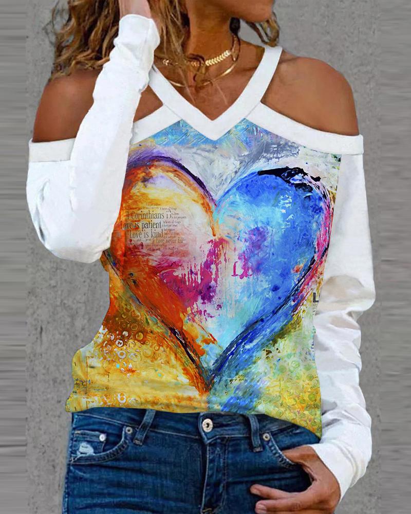 

Valentine' Day Abstract Heart Print Cold Shoulder Top, White