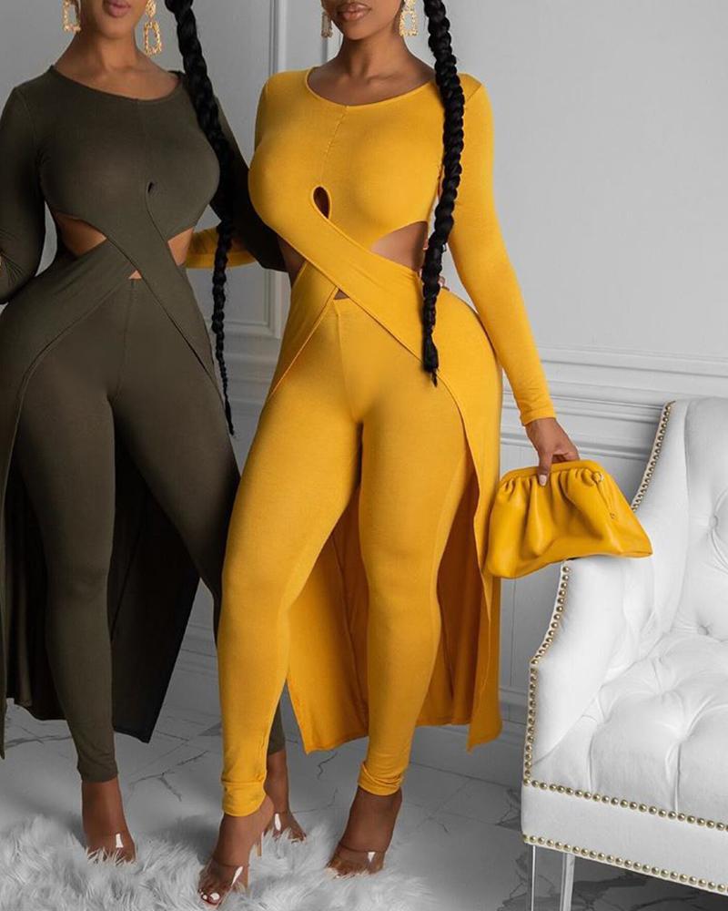 

Bandage Cutout Top & High Waist Pants Set, Yellow
