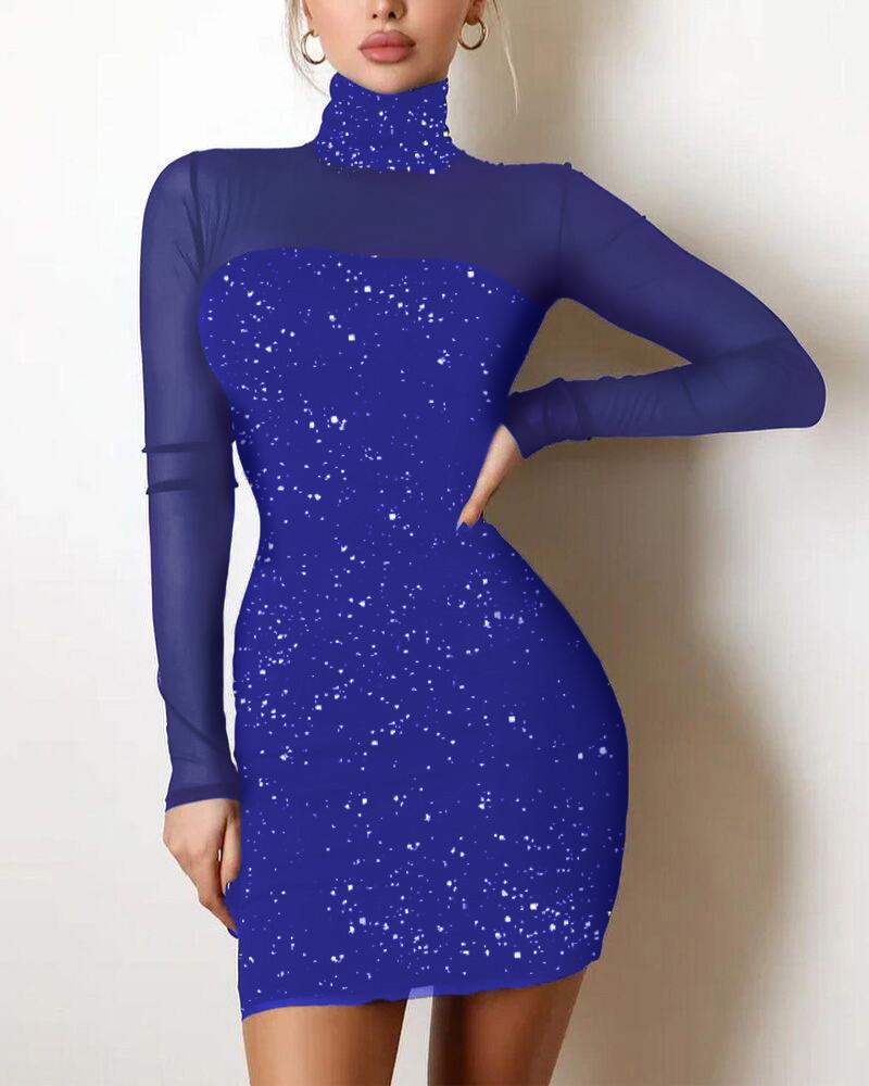 

Glitter High Neck Contrast Mesh Bodycon Dress, Blue