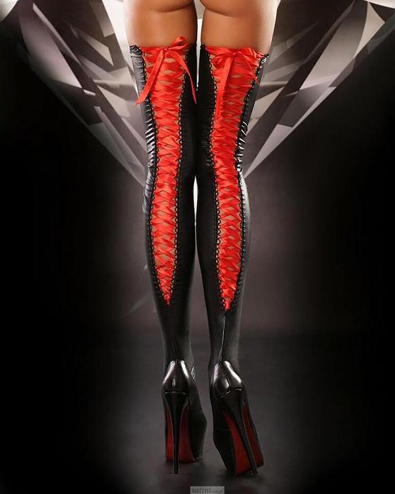 

Lace-up PU Leather Long Stockings, Red