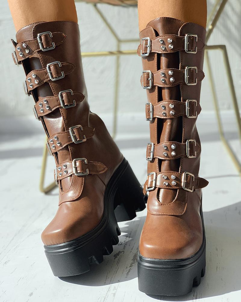 

Buckled Studded Decor Platform Chunky Long Boots, Dark brown