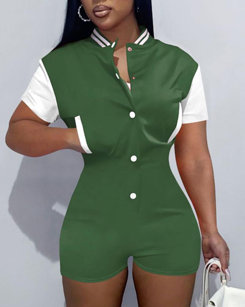

Baseball Collar Contrast Paneled Button Front Romper, Green