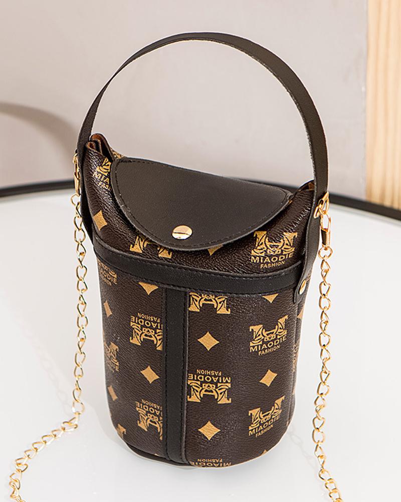 

Graphic Argyle Print Top Handle Buckled Handbag Chain Strap Crossbody Bag, Black