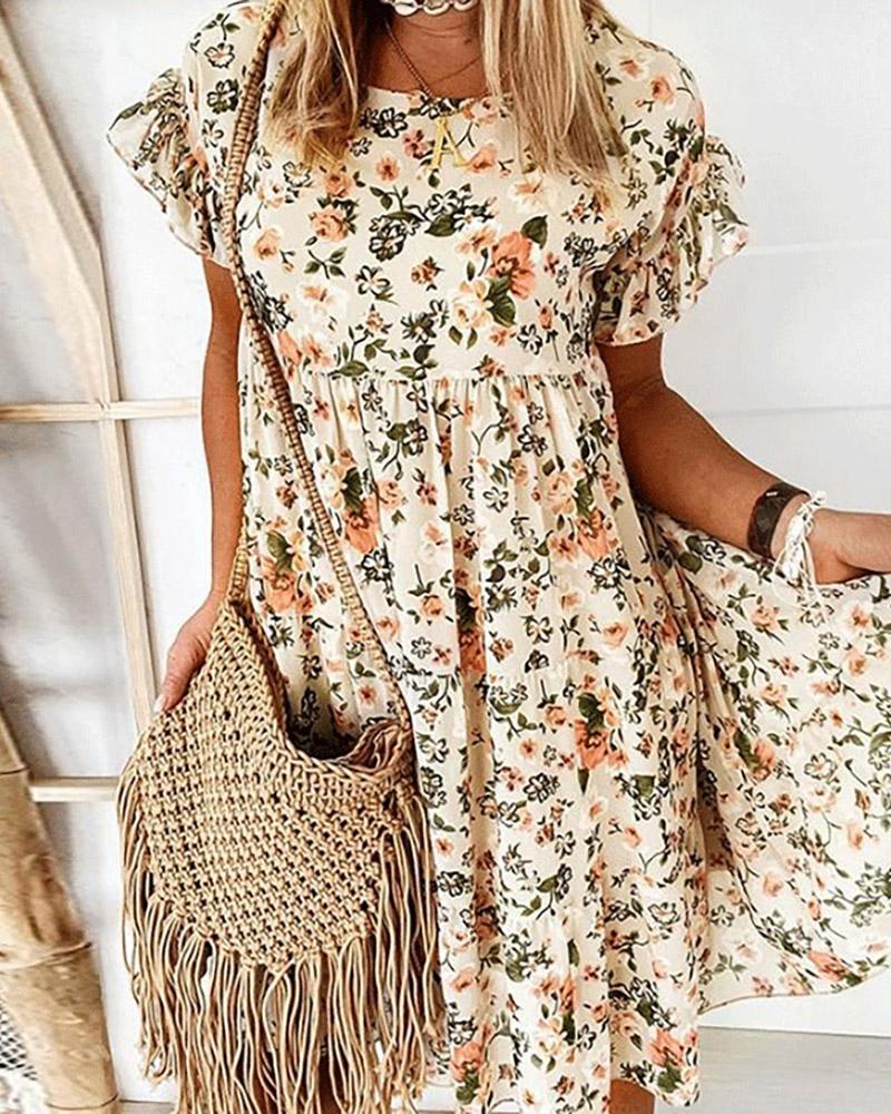 

Floral Print Short Sleeve Ruffles Dress, Beige