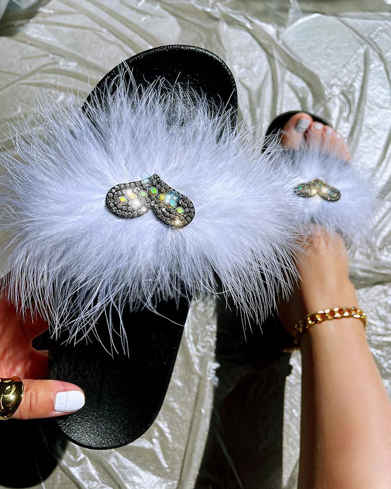 

Heart Pattern Feather Slippers, White