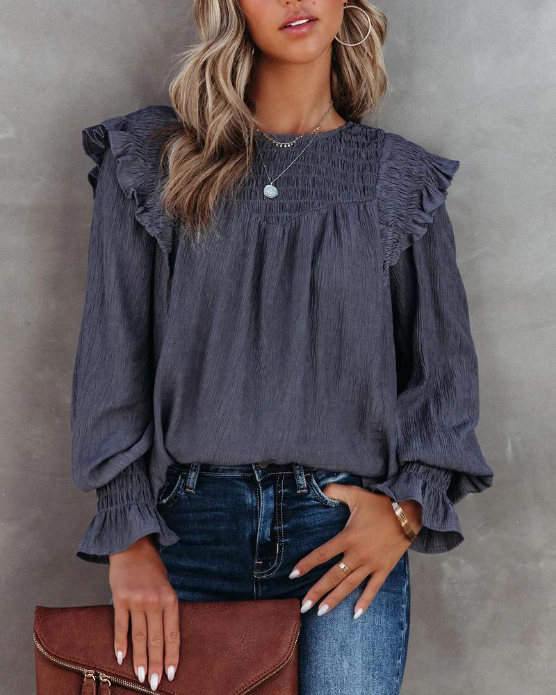 

Frill Hem Shirred Lantern Sleeve Top, Blue