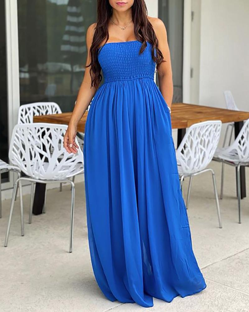 

Shirring Detail Wide Leg Casual Jumpsuit, Blue