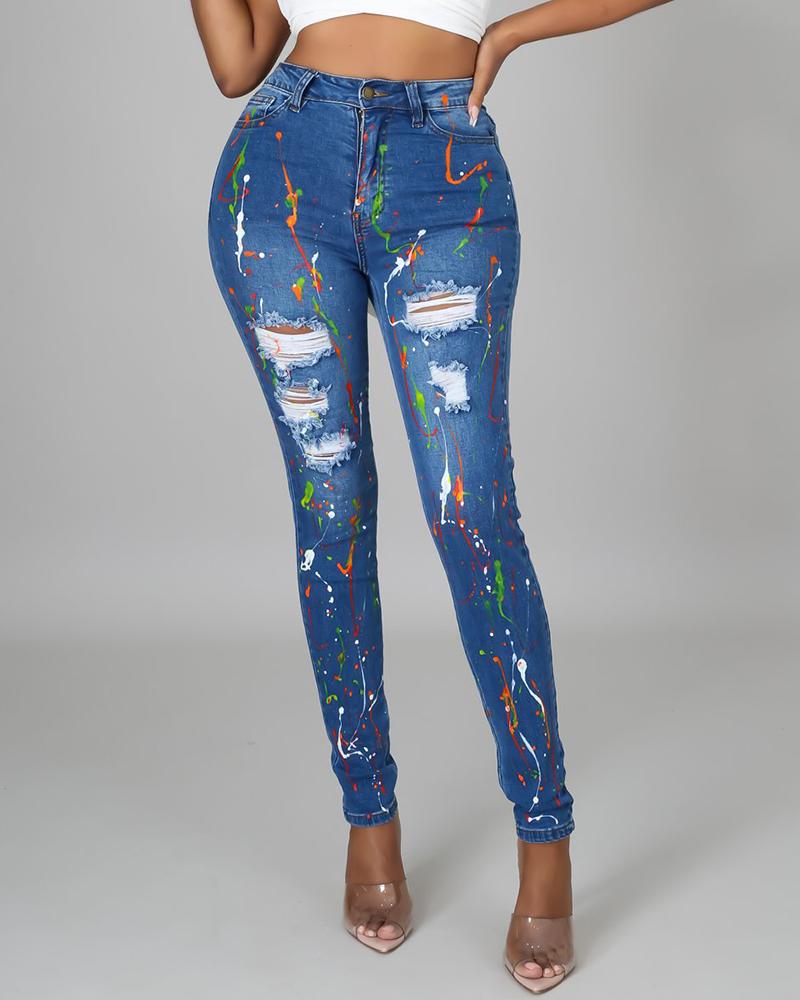 

Ink Splash Print Ripped High Waist Denim Pants, Blue