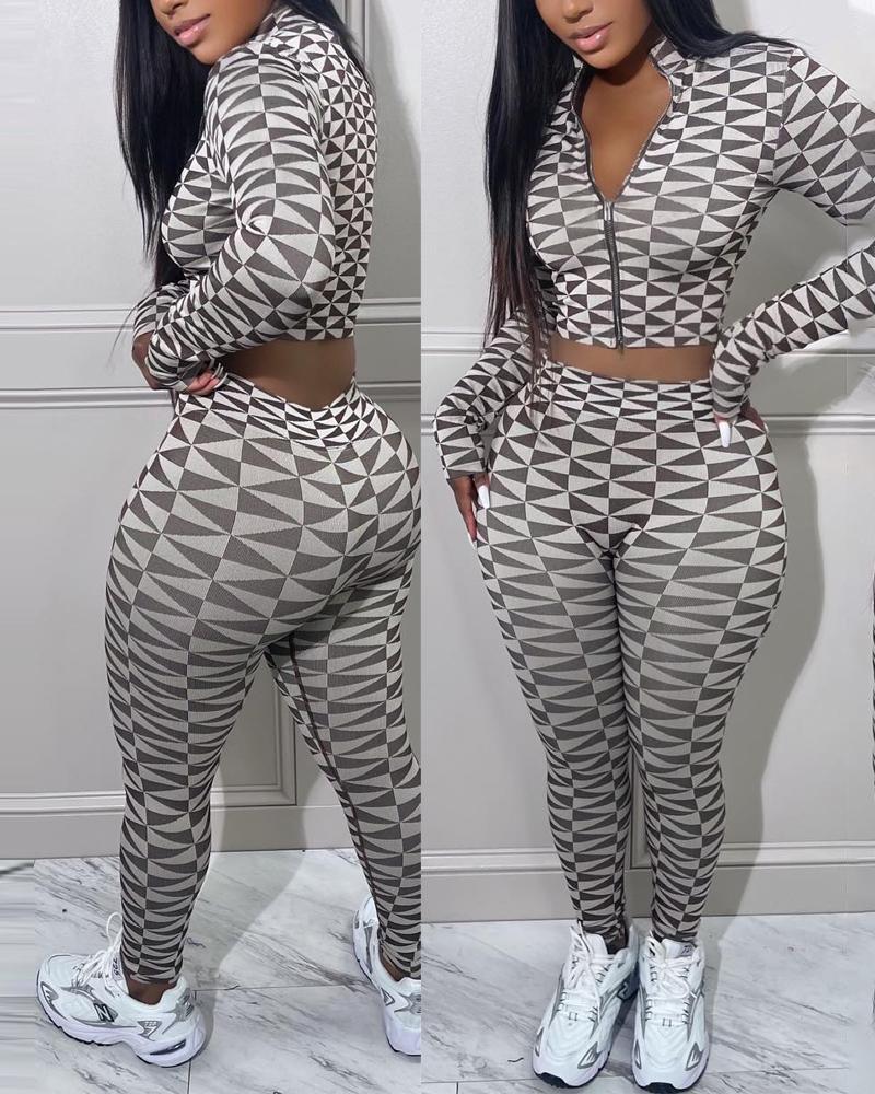 

Geometric Print Zip Up Crop Top & Pants Set, Gray