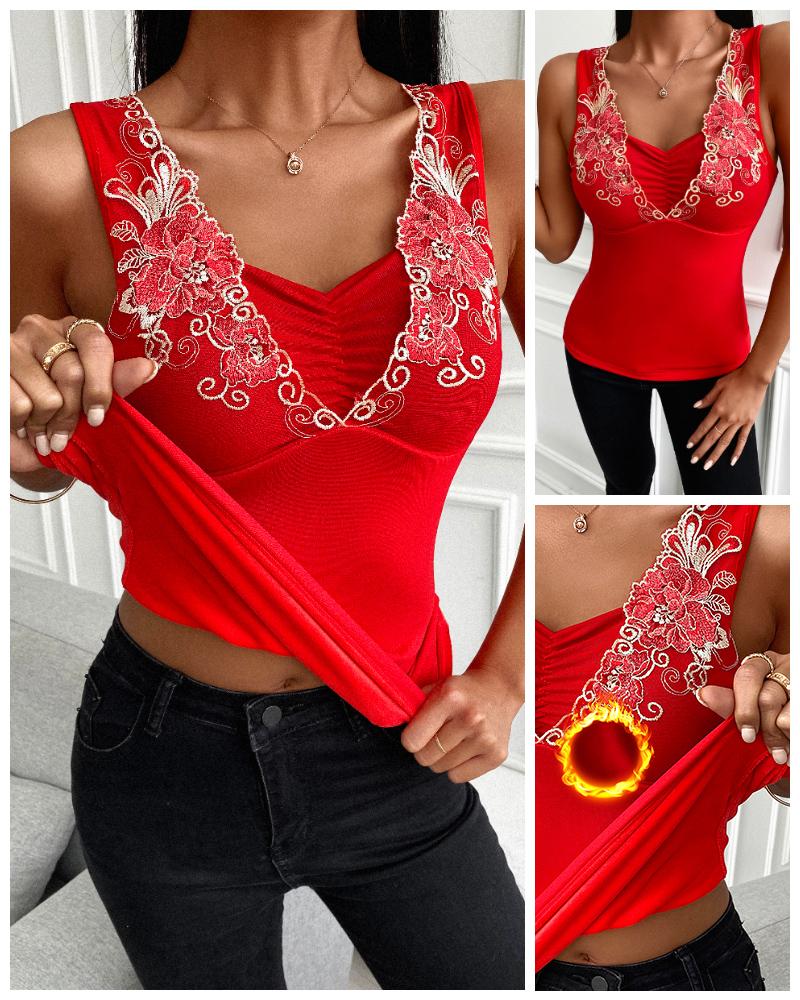 

Floral Embroidery Warm Fleece Lace Tank, Red