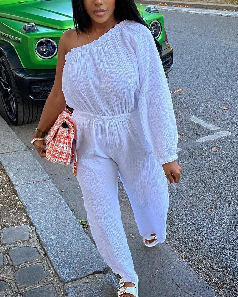 

One Shoulder Frill Hem Jumpsuit, White