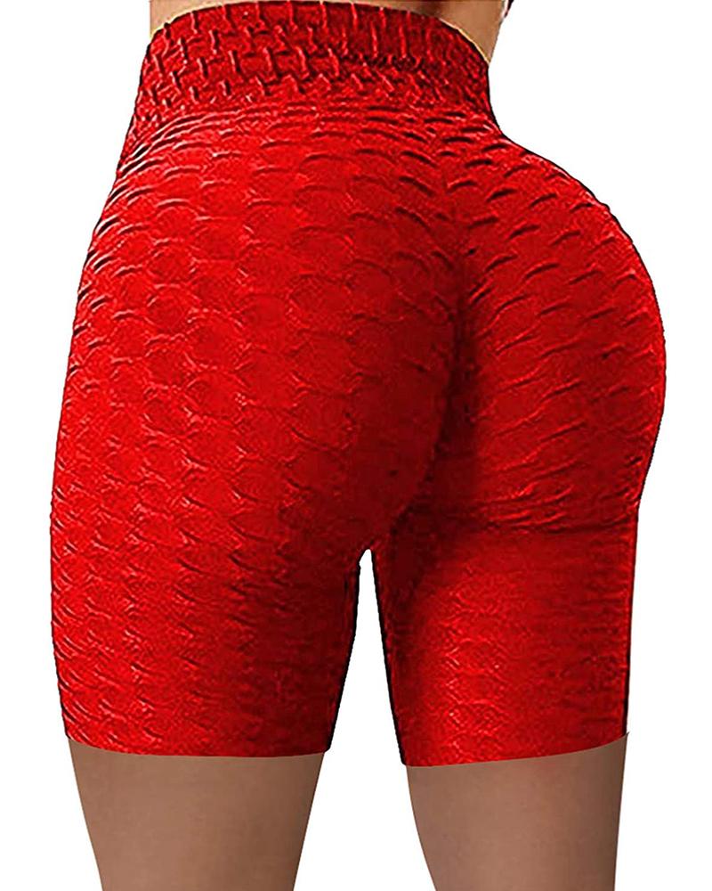 

High Waisted Yoga Leggings Running Sports Fitness Gym Bubble Textured Butt Lifting Shorts, Red