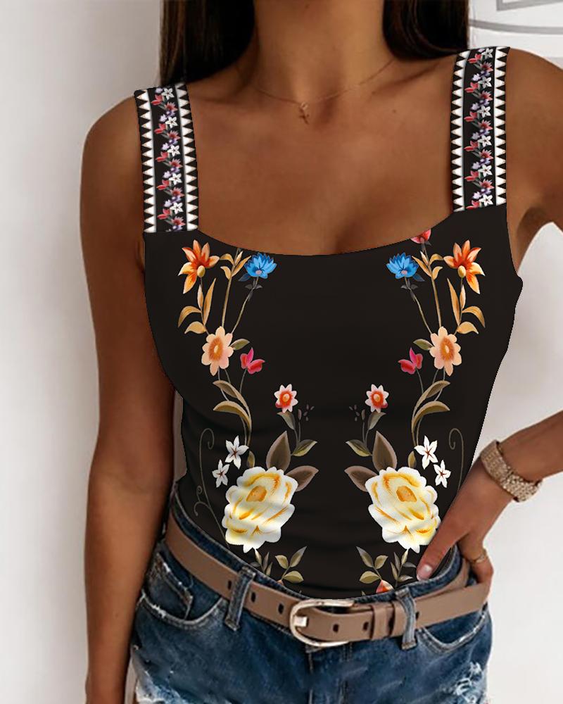 

Floral Print Square Neck Tank Top, Black