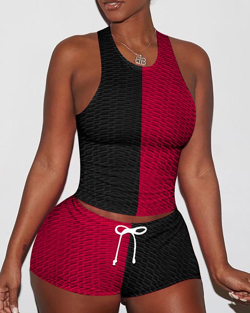 

Colorblock Patchwork O Neck Sleeveless Lace Up Bodycon Top & Shorts Sets, Red