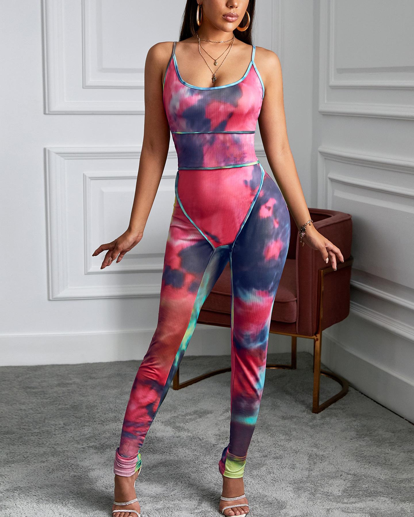 

Tie Dye Print Thin Strap Jumpsuit, Multicolor
