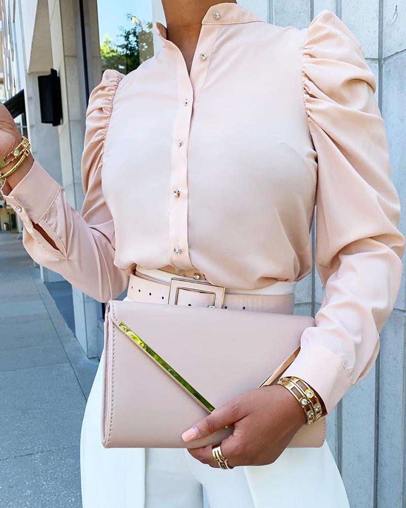 

Solid Ruched Puffed Sleeve Casual Shirt, Light pink