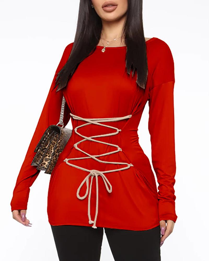 

Long Sleeve Lace-up Round Neck Top, Red
