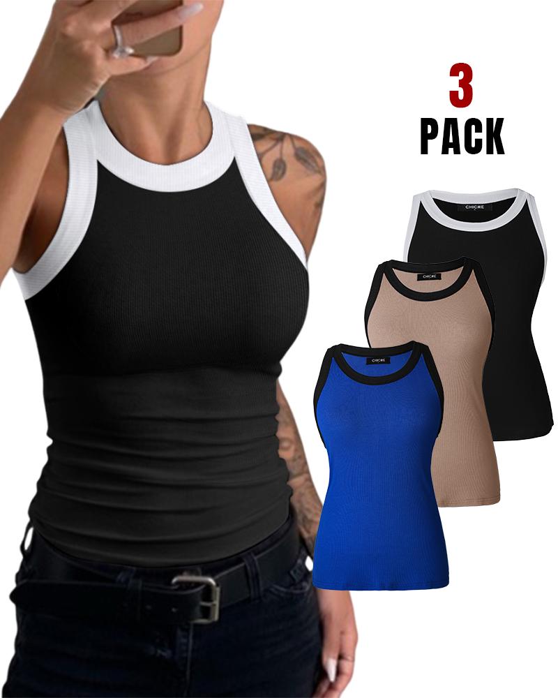 

3-Pack Contrast Binding Basic Slim Knit Ribbed Racerback Tank Top, Style1