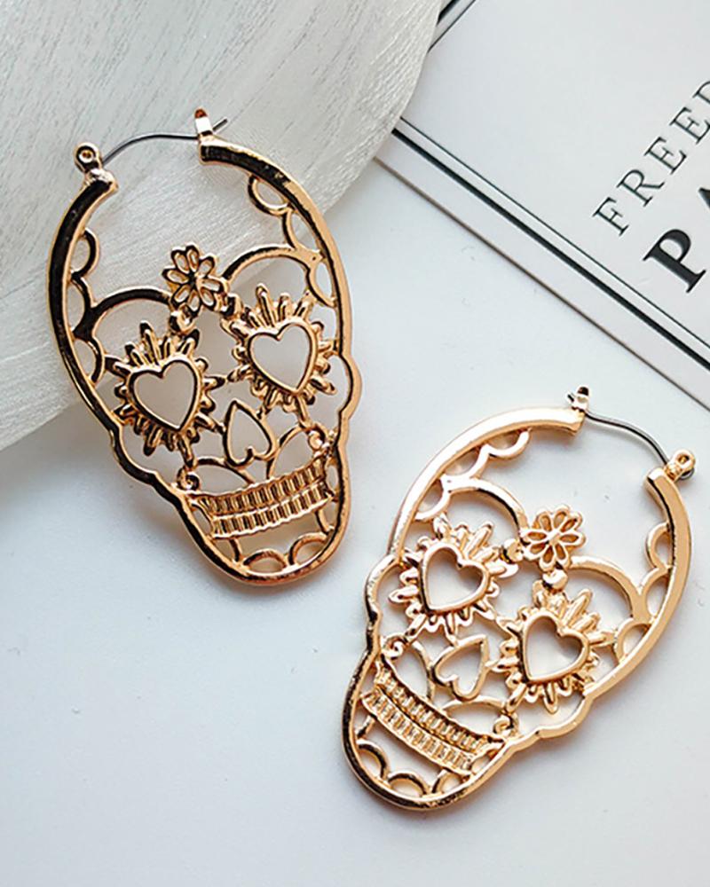 

Skull Shaped Heart Pattern Stud Earrings, Gold