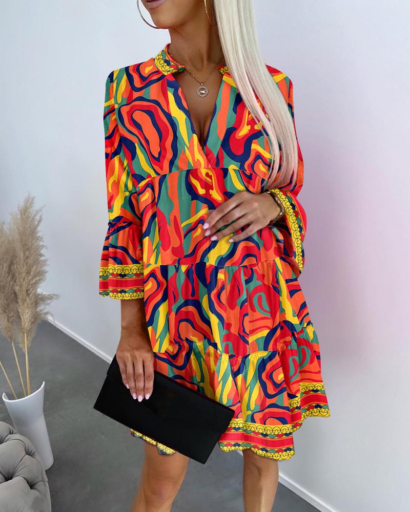 

Multi-Color Abstract Print Ruffles Shirt Dress, Multicolor